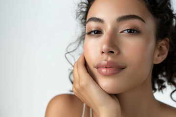 Beautiful Asian woman shoots an advertisement for beautiful facial skin in the studio white background.