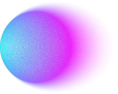 Blur gradient circle with grain noise texture, neon hologram iridescent color blurry shape isolated on transparent background.