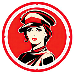 A logo of a woman soldier with a red hat on a red background within a circle - obrazy, fototapety, plakaty