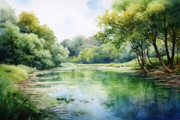 landscape beautiful pond surrounded by lush greenery. reflections of sky and trees calm water surface, conveying a sense of peace and serenity. Illustration, watercolor painting on textured paper