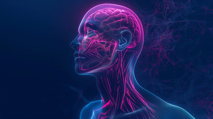 A human's head with pink and purple veins and a blue background