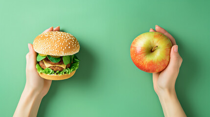 Unhealthy vs Healthy food. Burger and apple in different hands on green background . Choice between...