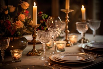 Fototapeta na wymiar set dinner table, bathed in warm candlelight, adorned with fine china and crystal glasses, showcasing a delectable array of gourmet dishes