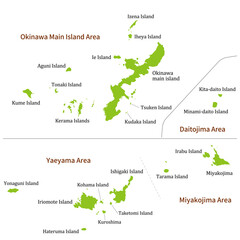 沖縄県全体の地図、離島を含む、英語の島名と地方名