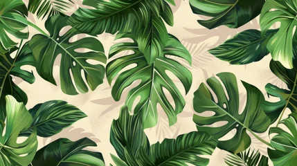 Foto op Plexiglas Tropical leaves seamless pattern, green monstera and palm leaves on beige background © wanna
