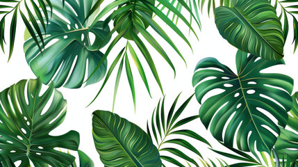 Tropical leaves seamless pattern, green monstera and palm leaves on beige background