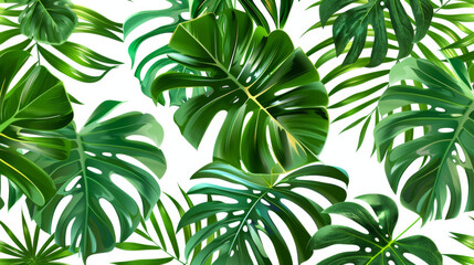 Tropical leaves seamless pattern, green monstera and palm leaves on beige background