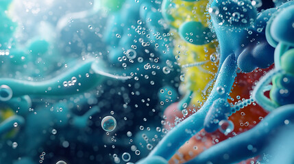 A close up of a blue and yellow blob with many small bubbles