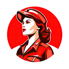 A logo of a woman soldier in red and white style within a circle - obrazy, fototapety, plakaty
