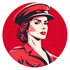 A logo of a beautiful woman soldier in a red uniform within a circle - obrazy, fototapety, plakaty