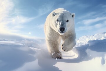 polar bear snowy landscape, bear's resilience in the Arctic climate and the details of its paw...
