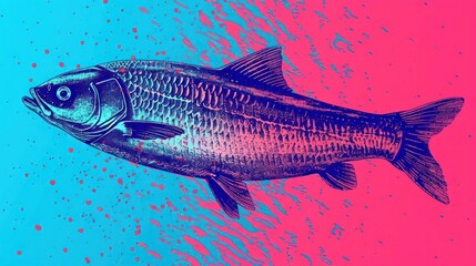 Fish in pop-art style graphic, psychedelic colors swirling around its form, Deep Sea Blue and Coral Pink background