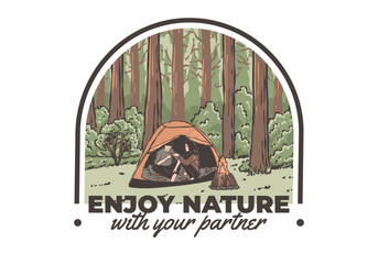Camping in nature with partner. Vintage outdoor illustration
