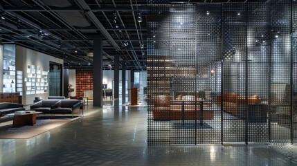 As visitors enter a large open room they are greeted by an eyecatching feature wall made entirely of the textured metal grating. The wall shimmers and echoes the surrounding light . - obrazy, fototapety, plakaty