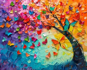 Palette knife oil painting, abstract tree, colorful leaves, and butterfly, vivid background, enhanced by colorful highlights and dramatic light