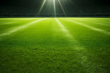Soccer field with green grass and bright lights - obrazy, fototapety, plakaty