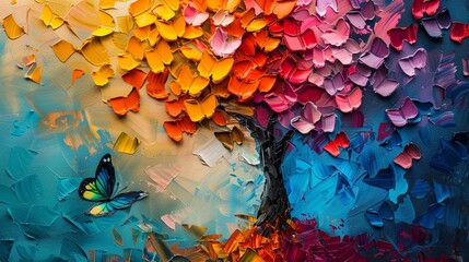 Oil paint abstract, tree with multicolored leaves and butterfly, palette knife technique, dynamic background, and theatrical lighting - obrazy, fototapety, plakaty
