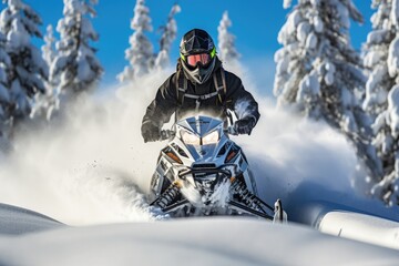 man riding a snowmobile on a snowy trail, leaving tracks behind in the fresh powder. Capture the winter thrill with a focus on the rider's joyous expression, the trail of snow