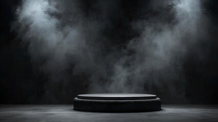 Captivating podium stage with dark smoke backdrop for dramatic product display. Moody atmosphere and spotlight accentuate the scene - obrazy, fototapety, plakaty