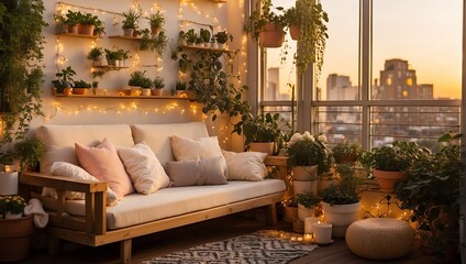 A rooftop patio with a couch, plants, and a view of the city.

