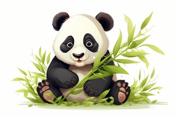 A cute panda eating bamboo shoots, surrounded by greenery, isolated on white solid background