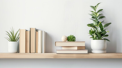 A shelf with a variety of books and a potted plant