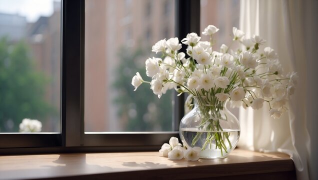 A vase of white flowers sits on a window sill.

