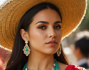 a woman wearing a straw hat with a green necklace