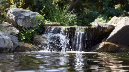 The tranquil waterfall stands tall and proud its gentle stream inviting you to sit and reflect beside its peaceful pond. . .