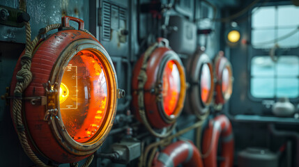 Vintage submarine with red round orange light frames on the wall of the captain's cabin, depicting a ship interior background - obrazy, fototapety, plakaty