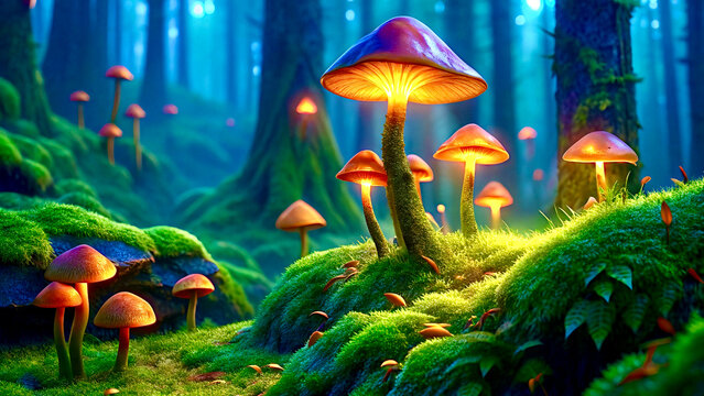 Glowing orange mushrooms in the dark mysterious mossy forrest