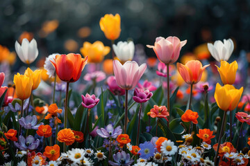 A field of flowers in full bloom, with a variety of colors and textures