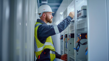 A male electrician wearing a high visibility vest and hard hat is working on an electrical panel inside a modern data center. In a side view - Powered by Adobe