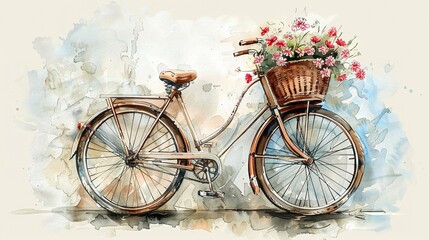 Fototapeta na wymiar Vintage bicycle with flower basket, watercolor and ink, 6K, nostalgic and beautifully detailed