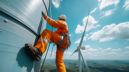 A professional electrician in an orange uniform and white helmet working on a wind power plant, climbing the tower of a big energy turbine against a blue sky background