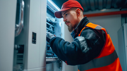 A professional electrician in an orange vest and red cap is working on the power panel of modern lighting equipment