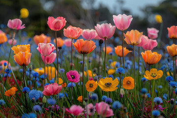 A field of flowers in full bloom, with a variety of colors and textures