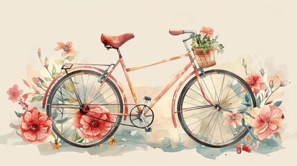 Fototapeta na wymiar Watercolor bicycle with flowers, 6K, ink outlined, vintage feel, charming and classic