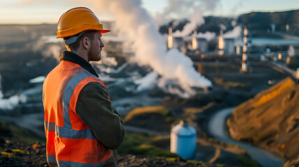 Photo of an engineer in a safety vest and helmet standing on the edge overlooking a geothermal power plant with steam coming out, landscape,  geothermal power plant