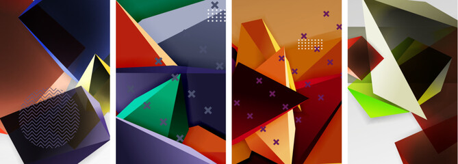 Trendy low poly 3d triangle shapes and other geometric elements background designs for wallpaper, business card, cover, poster, banner, brochure, header, website