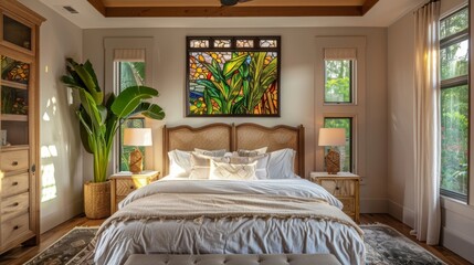 In the master bedroom of Botanical Wonderland a stunning stained glass panel hangs above the bed. The intricate design showcases a variety of woodland creatures and plants all intertwined .
