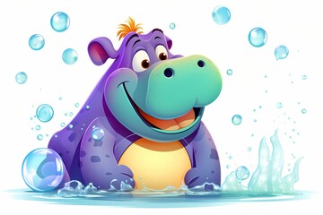 A colorful cartoon hippopotamus blowing bubbles in water, with a cheerful look, isolated on a white solid background
