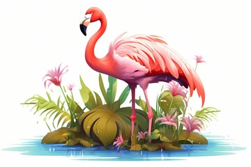 A colorful cartoon flamingo standing gracefully with one leg raised, surrounded by water and aquatic plants, isolated on a white solid background