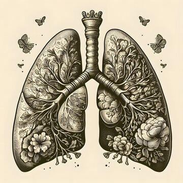 retro graphic design elements: vintage science, an ink painting style scientific drawing for a human lungs for an anatomy book vintage drawings 