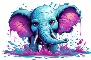 A colorful cartoon elephant spraying water from its trunk, with a playful expression, isolated on a white solid background