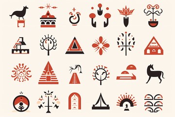 A collection of vibrant, simple vector graphics portraying diverse cultural symbols from around the world, isolated on a white solid background