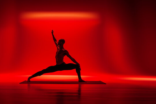 Yogi dans une posture, asana, d'&eacute;tirement et de renforcement musculaire des jambes, tr&egrave;s souple, torse nu, sur un tapis de yoga, dans une salle rouge avec espace n&eacute;gatif copy space