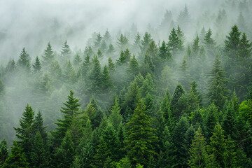 evergreen forest view from overhead fog rolling in looks like the pacific northwest.