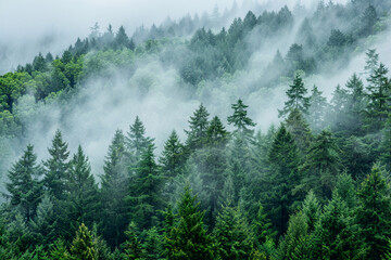 evergreen forest view from overhead fog rolling in looks like the pacific northwest.
