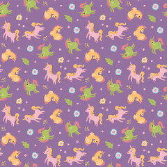 Seamless pattern with unicorns. Design for fabric, textiles, wallpaper, packaging.